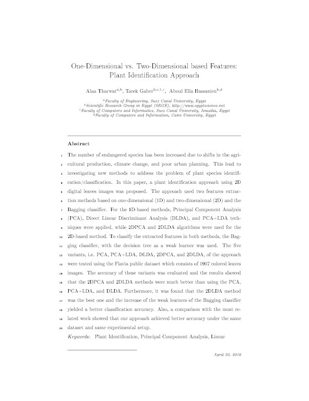 One-dimensional vs. two-dimensional based features: Plant identification approach Thumbnail