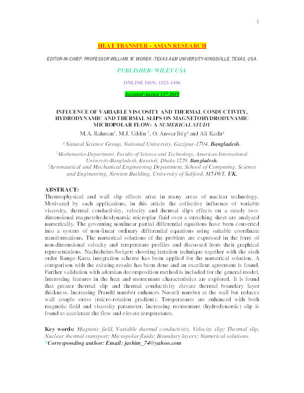 Influence of variable viscosity and thermal conductivity, hydrodynamic and thermal slips on magnetohydrodynamic micropolar flow: a numerical study Thumbnail