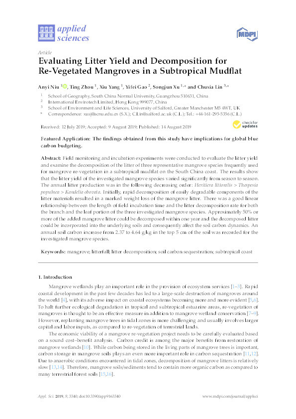 Evaluating litter yield and decomposition for re-vegetated mangroves in a subtropical mudflat Thumbnail