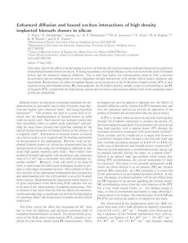 Enhanced diffusion and bound exciton interactions of high density implanted bismuth donors in silicon Thumbnail