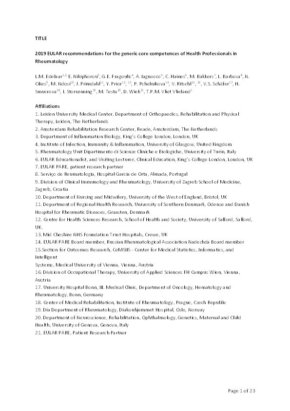 2019 EULAR recommendations for the generic core competences of health professionals in rheumatology Thumbnail