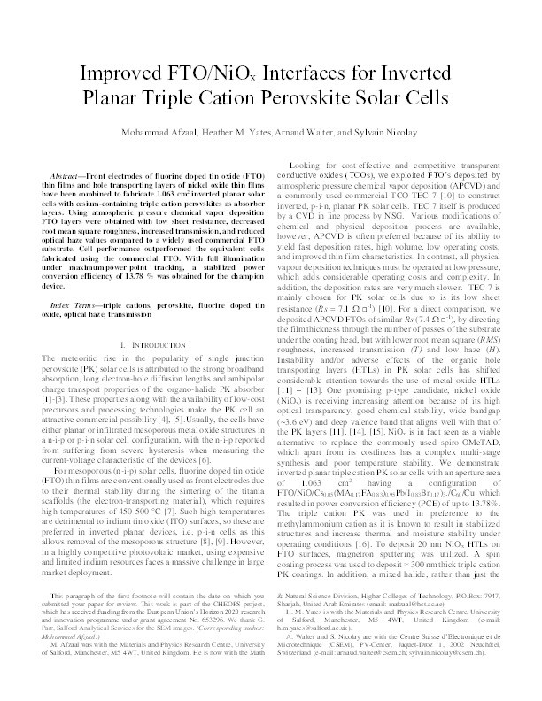 Improved FTO/NiOx interfaces for inverted planar triple cation perovskite solar cells Thumbnail
