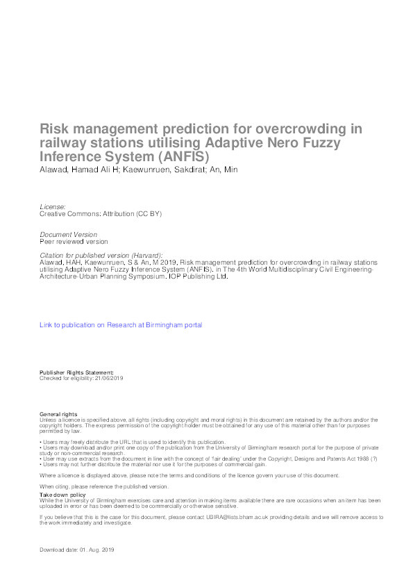 Risk management prediction for overcrowding in railway stations utilising Adaptive Nero Fuzzy Inference System (ANFIS) Thumbnail