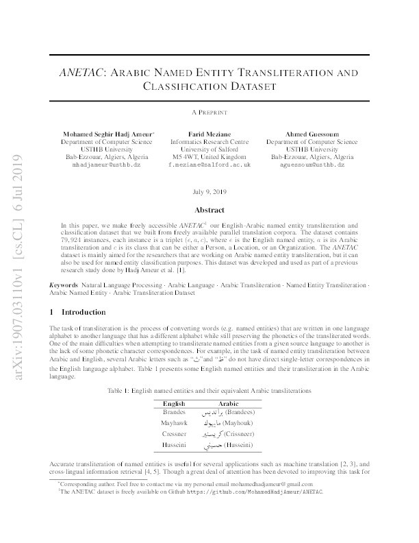 ANETAC: Arabic named entity transliteration and classification dataset Thumbnail