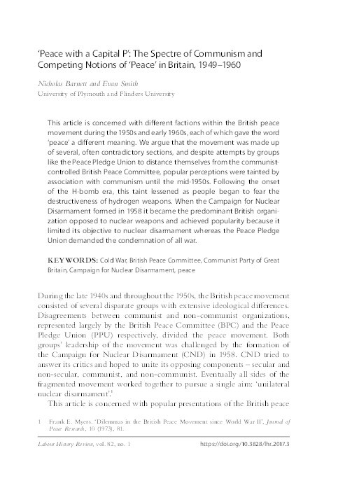 Peace with a capital P : the spectre of communism and competing notions of ‘Peace’ in Britain, 1949–1960 Thumbnail