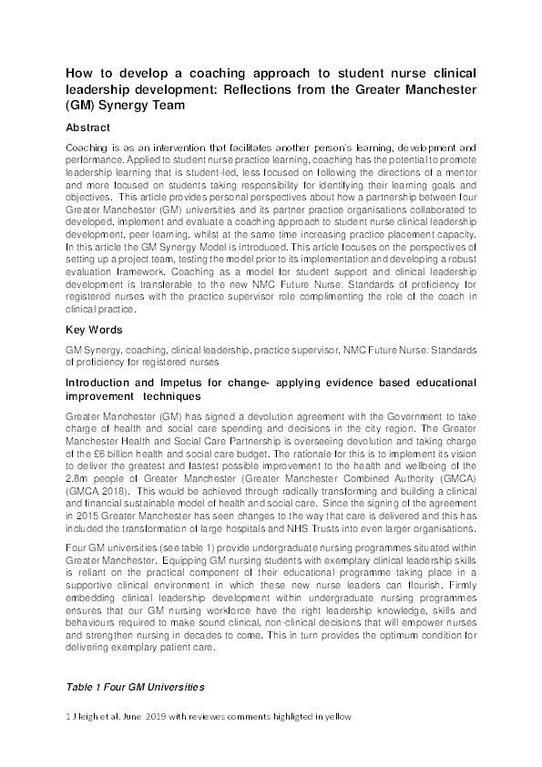 Reflection on creating a coaching approach to student nurse clinical leadership development Thumbnail