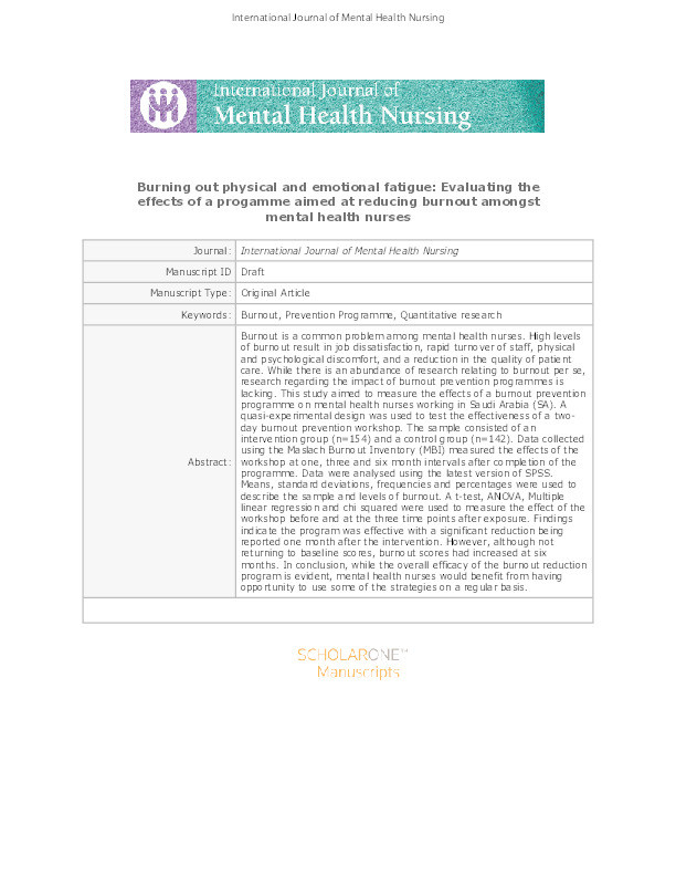 Burning out physical and emotional fatigue : evaluating the effects of a progamme aimed at reducing burnout amongst mental health nurses Thumbnail