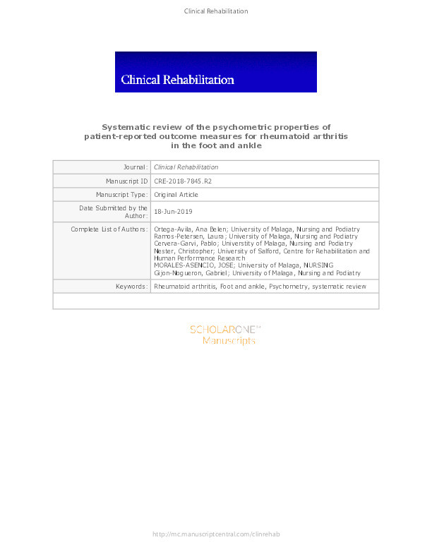 Systematic review of the psychometric properties of
patient-reported outcome measures for rheumatoid arthritis
in the foot and ankle Thumbnail