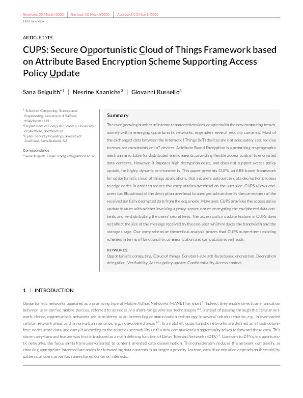 CUPS : Secure Opportunistic Cloud of Things Framework based on Attribute Based Encryption Scheme Supporting Access Policy Update Thumbnail
