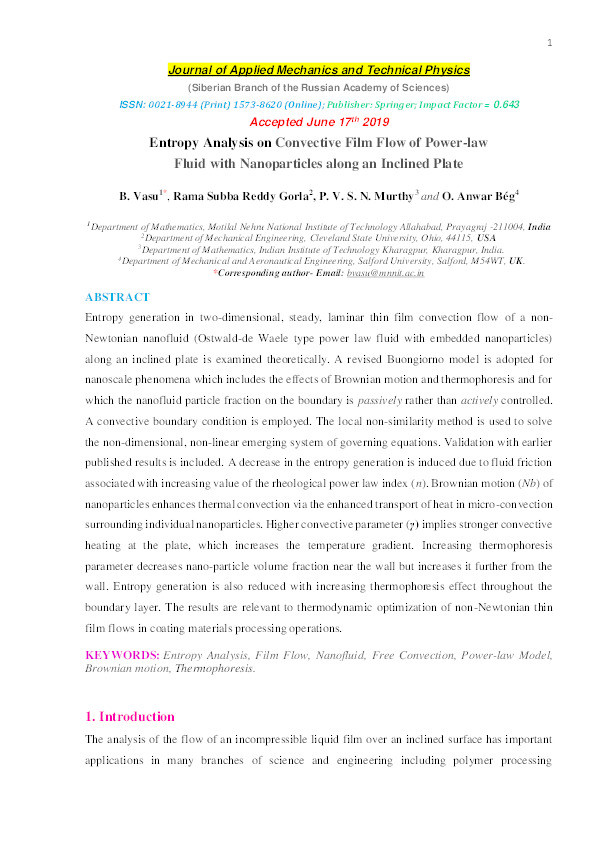 Entropy analysis on convective film flow of power-law 
fluid with nanoparticles along an inclined plate Thumbnail