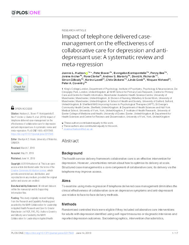 Impact of telephone delivered case-management on the effectiveness of collaborative care for depression and anti-depressant use : a systematic review and meta-regression Thumbnail