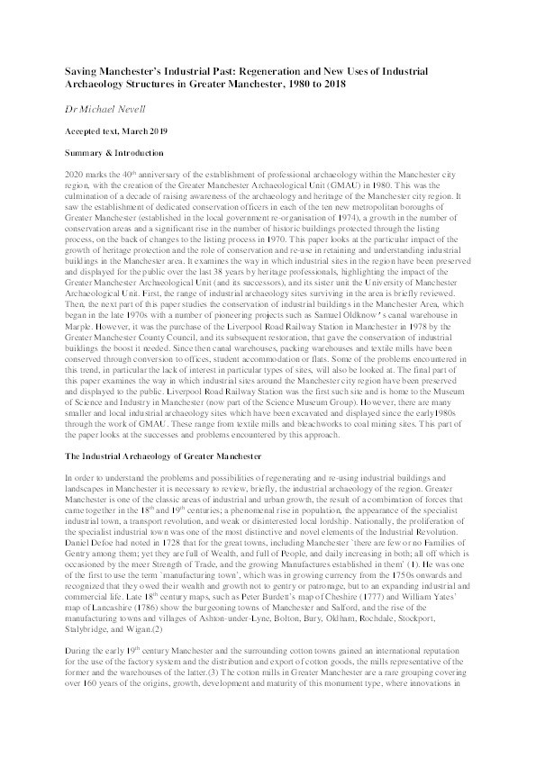 Saving Manchester's industrial past : regeneration and new uses of industrial archaeology structures in Greater Manchester, 1980 to 2018 Thumbnail
