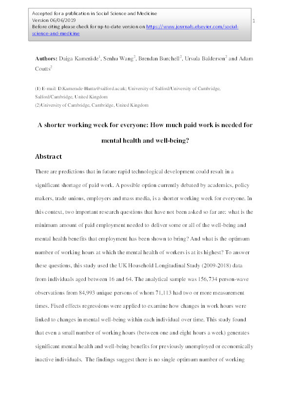 A shorter working week for everyone : how much paid work is needed for mental health and well-being? Thumbnail