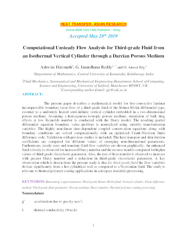 Computational unsteady flow analysis for third-grade fluid from an isothermal vertical cylinder through a Darcian porous medium Thumbnail