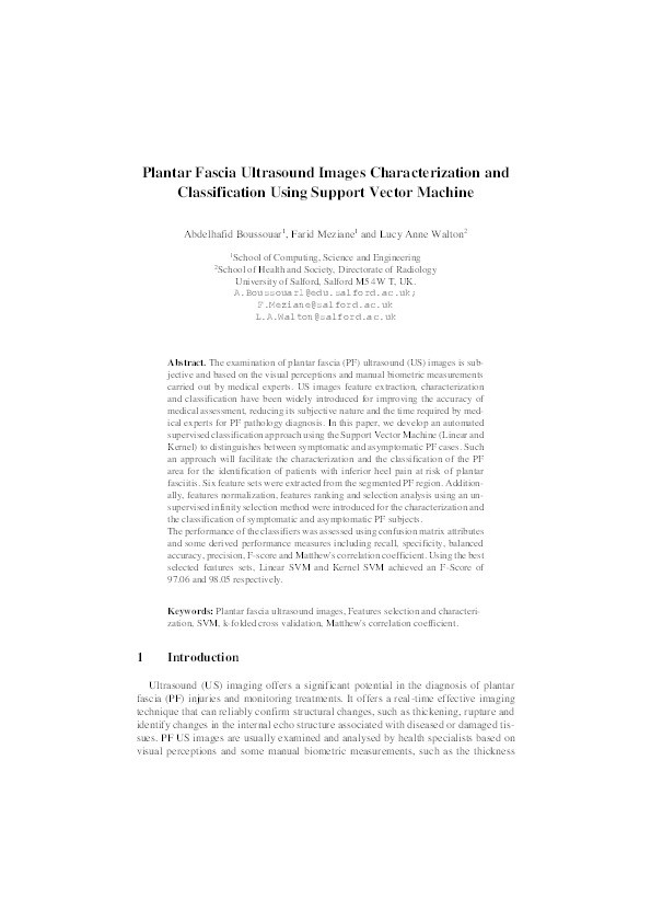 Plantar fascia ultrasound images characterization and classification using support vector machine Thumbnail