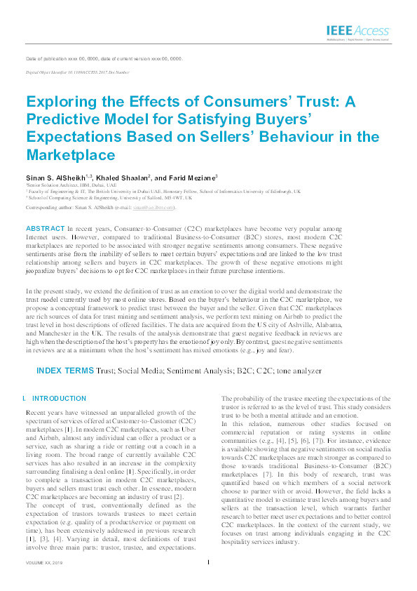 Exploring the effects of consumers’ trust : a predictive model for satisfying buyers’ expectations based on sellers’ behaviour in the marketplace Thumbnail