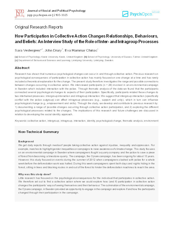 How participation in collective action changes relationships, behaviours, and beliefs : an interview study of the role of inter- and intragroup processes Thumbnail