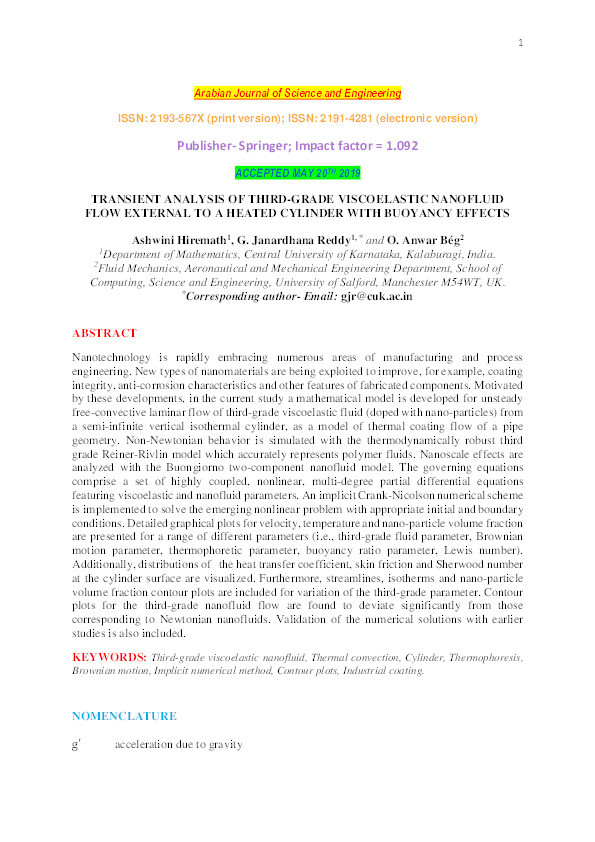 Transient analysis of third-grade viscoelastic nanofluid flow external to a heated cylinder with buoyancy effects Thumbnail