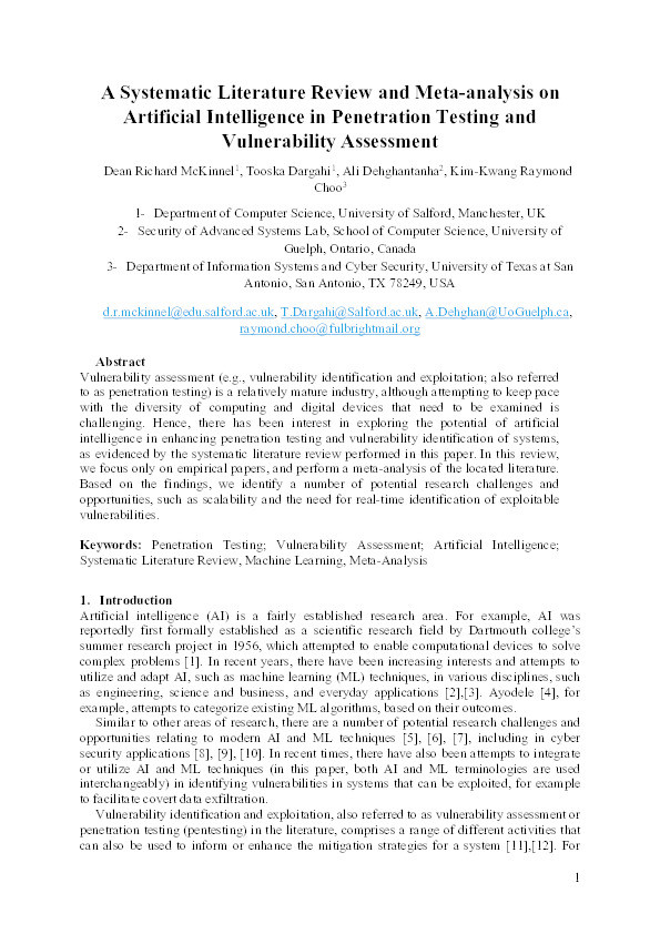 A systematic literature review and meta-analysis on artificial intelligence in penetration testing and vulnerability assessment Thumbnail