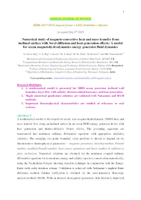 Numerical study of magneto-convective heat and mass transfer from inclined surface with Soret diffusion and heat generation effects : a model for ocean magnetohydrodynamics energy generator fluid dynamics Thumbnail