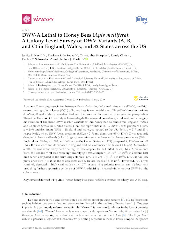 DWV-A lethal to honey bees (Apis mellifera) : a colony level survey of DWV variants (A, B & C) in England, Wales and 32 states across the US Thumbnail