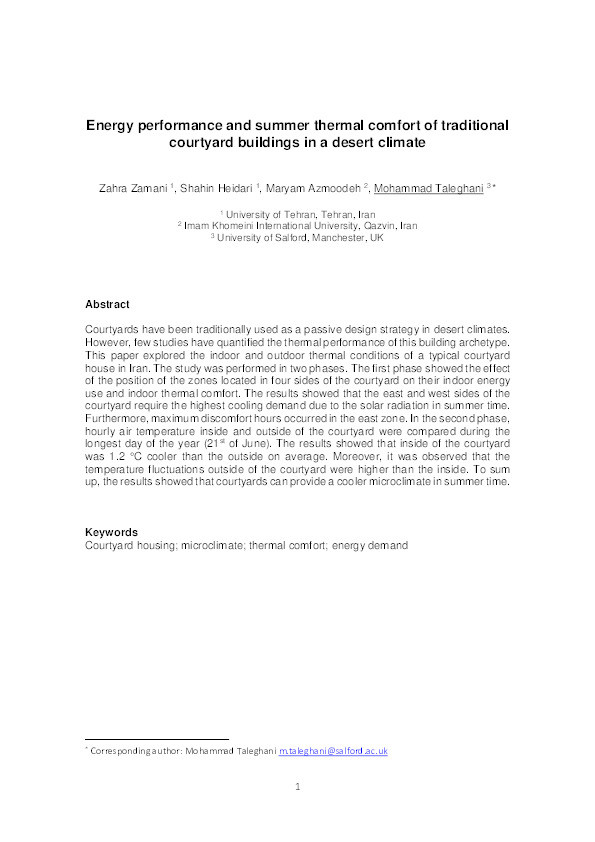 Energy performance and summer thermal comfort of traditional courtyard buildings in a desert climate Thumbnail