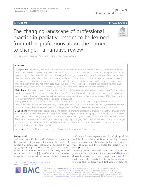 The changing landscape of professional practice in podiatry, lessons to be learned from other professions about the barriers to change – a narrative review Thumbnail