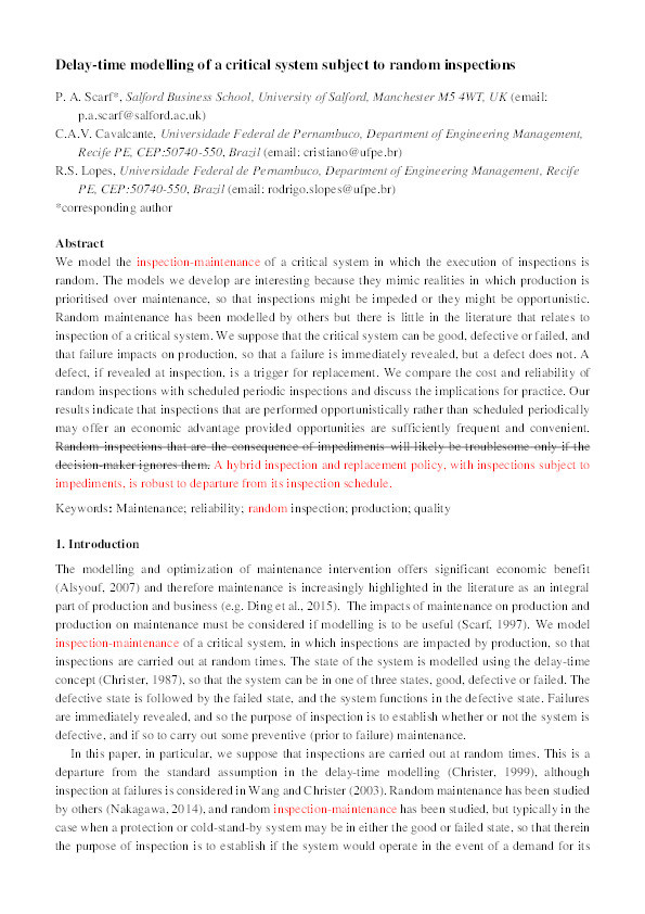 Delay-time modelling of a critical system subject to random inspections Thumbnail