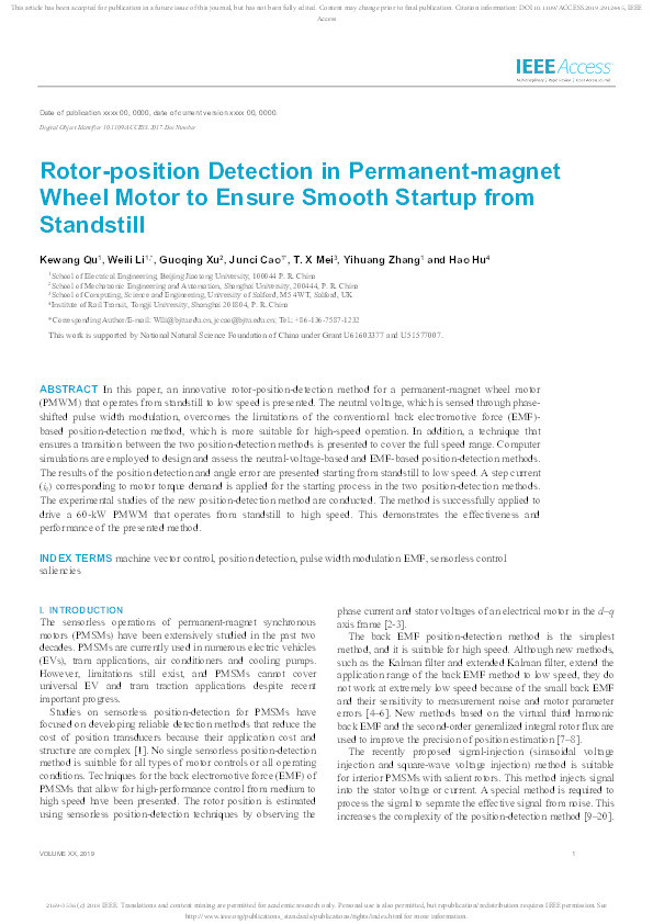 Rotor-position detection in permanent-magnet wheel motor to ensure smooth startup from standstill Thumbnail