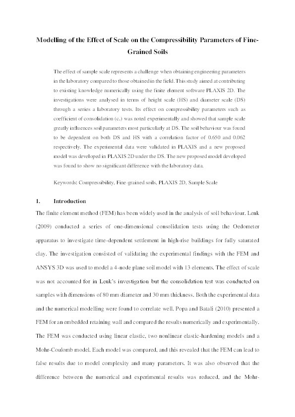 Modelling of the effect of scale on the compressibility parameters of fine-grained soils Thumbnail