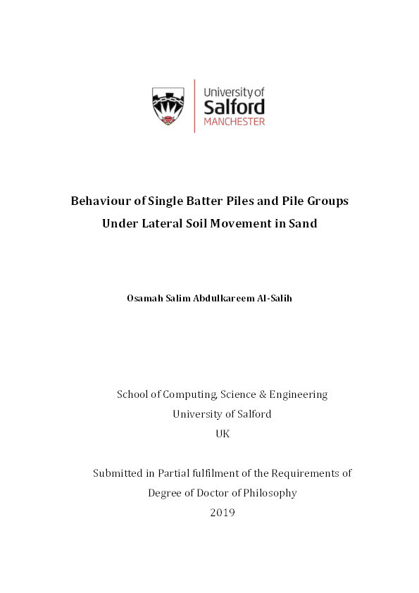 Behaviour of single batter piles and pile groups under lateral soil movement in sand Thumbnail