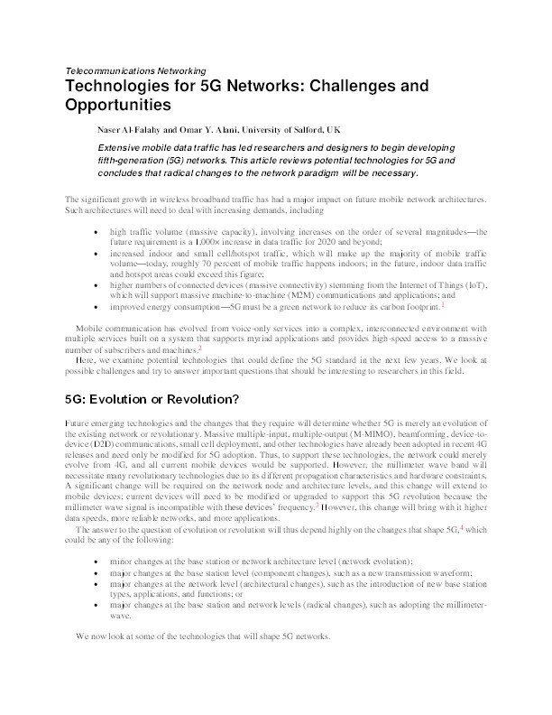 Technologies for 5G networks : challenges and opportunities Thumbnail
