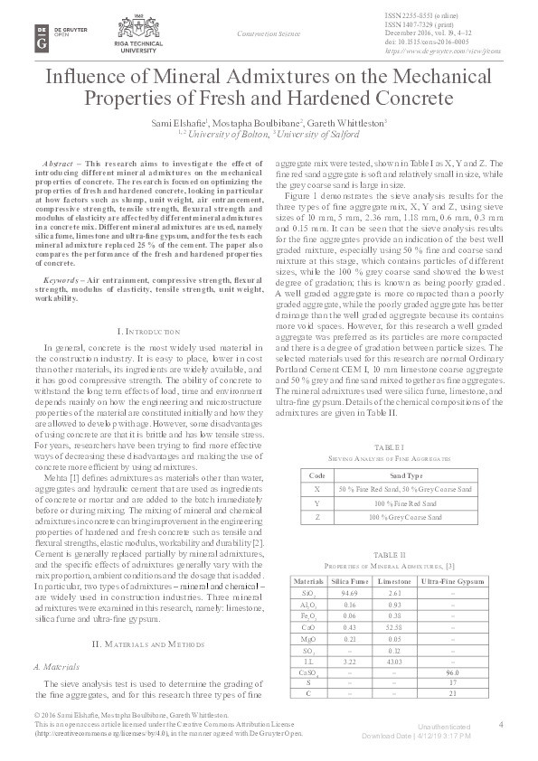 Influence of mineral admixtures on the mechanical properties of fresh and hardened concrete Thumbnail