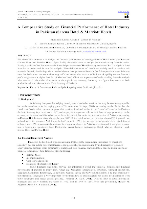 A comparative study on financial performance of hotel industry in Pakistan (Sarena Hotel & Marriott Hotel) Thumbnail