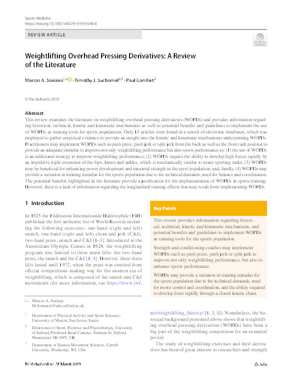 Weightlifting overhead pressing derivatives : a review of the literature Thumbnail