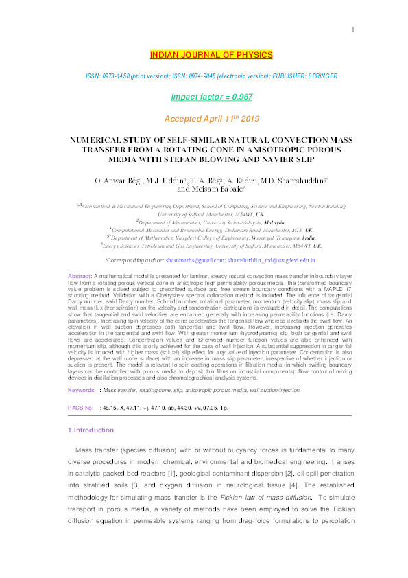 Numerical study of self-similar natural convection mass transfer from a rotating cone in anisotropic porous media with Stefan blowing and Navier slip Thumbnail