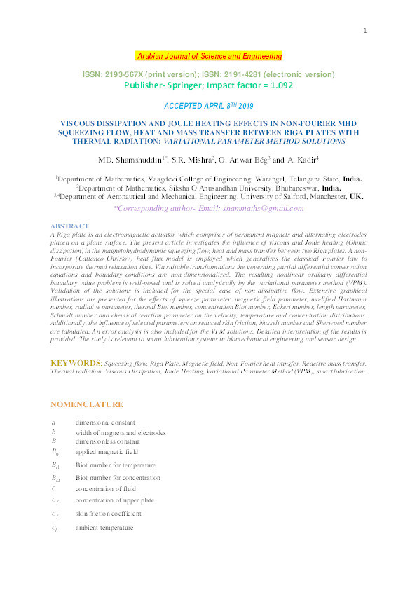 Viscous dissipation and joule heating effects in non-Fourier MHD squeezing flow, heat and mass transfer between Riga plates with thermal radiation : variational parameter method solutions Thumbnail