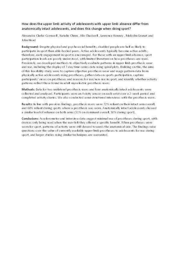 How does the upper limb activity of adolescents with upper limb absence differ from anatomically intact adolescents, and does this change during sport? Thumbnail