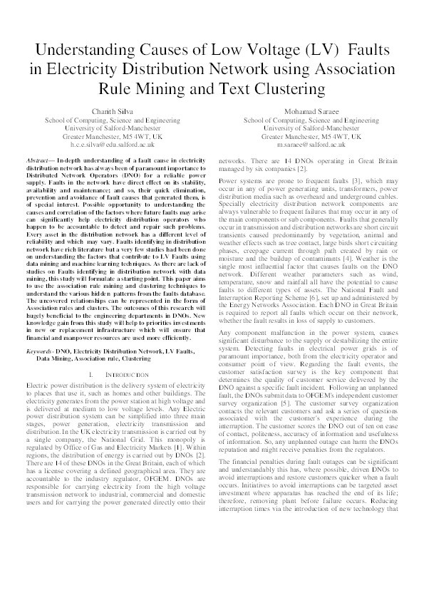 Understanding causes of low voltage (LV) faults in electricity distribution network using association rule mining and text clustering Thumbnail