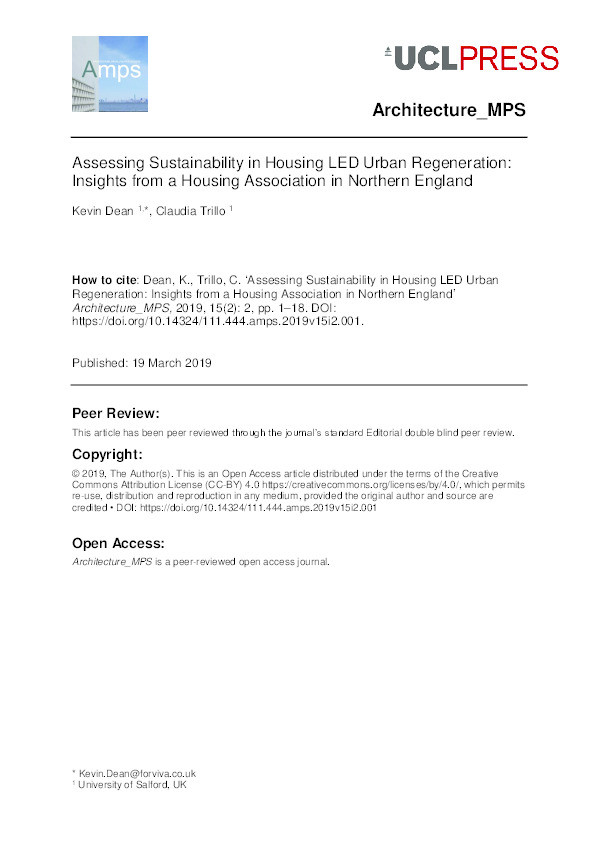 Assessing sustainability in housing LED urban
regeneration : insights from a housing association in Northern England Thumbnail