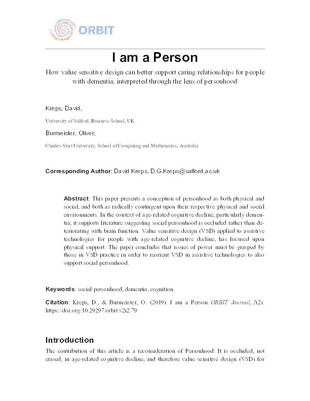 I am a person : a review of value sensitive design for cognitive declines of ageing, interpreted through the lens of personhood Thumbnail