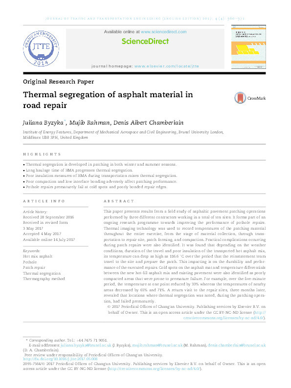 Thermal segregation of asphalt material in road repair Thumbnail