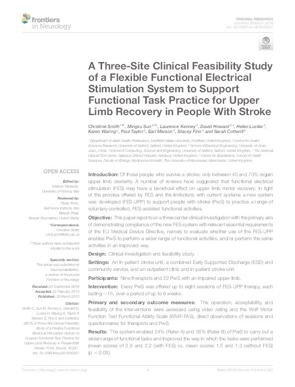 A three-site clinical feasibility study of a flexible functional electrical stimulation system to support functional task practice for upper limb recovery in people with stroke Thumbnail