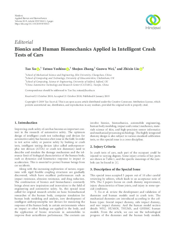 Bionics and human biomechanics applied in intelligent crash tests of cars Thumbnail