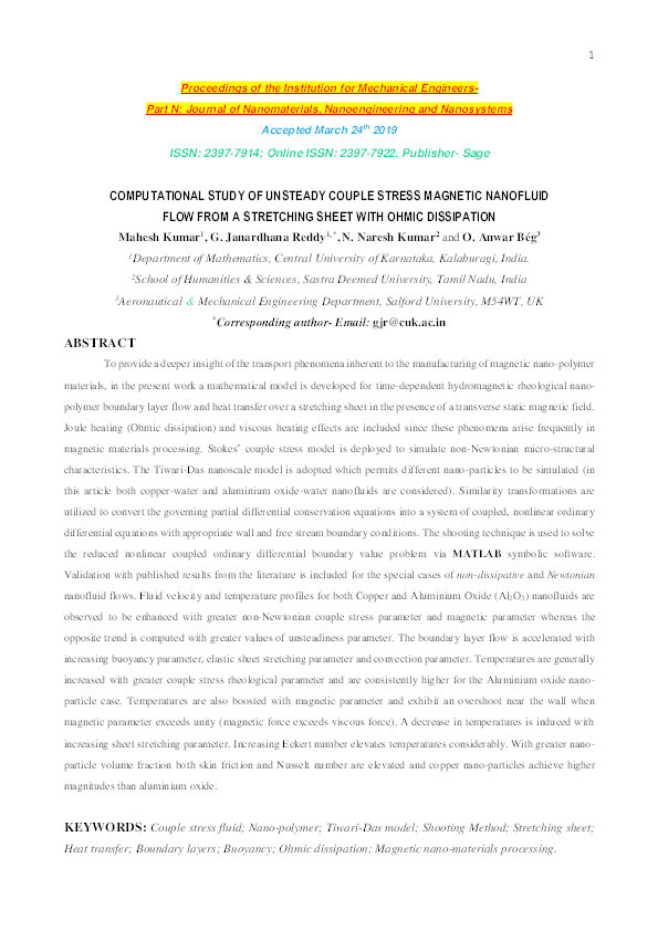 Computational study of unsteady couple stress magnetic nanofluid flow from a stretching sheet with ohmic dissipation Thumbnail