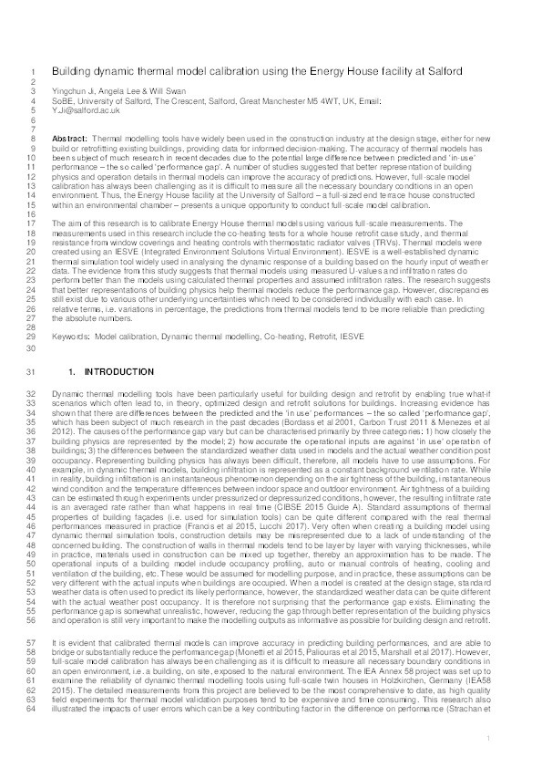 Building dynamic thermal model calibration using the Energy House facility at Salford Thumbnail