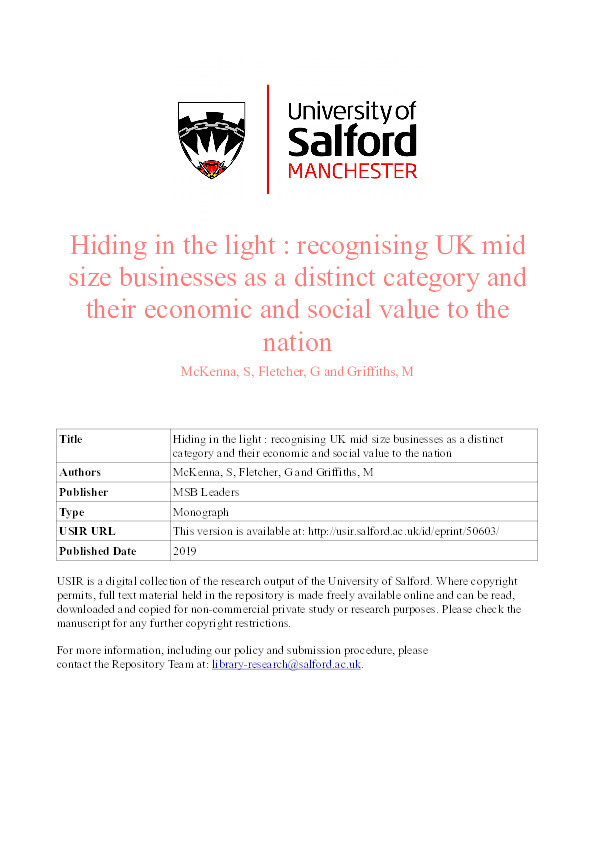 Hiding in the light : recognising UK mid size businesses as a distinct category and their economic and social value to the nation Thumbnail