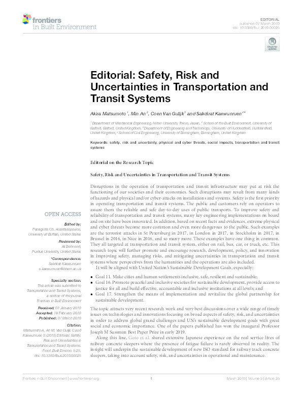 Editorial : Safety, risk and uncertainties in transportation and transit systems Thumbnail