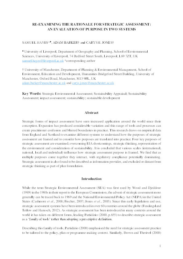 Re-examining the rationale for strategic assessment : an evaluation of purpose in two systems Thumbnail