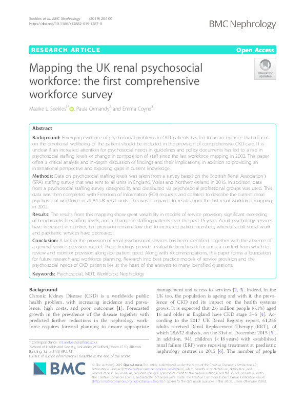 Mapping the UK renal psychosocial workforce : the first comprehensive workforce survey Thumbnail
